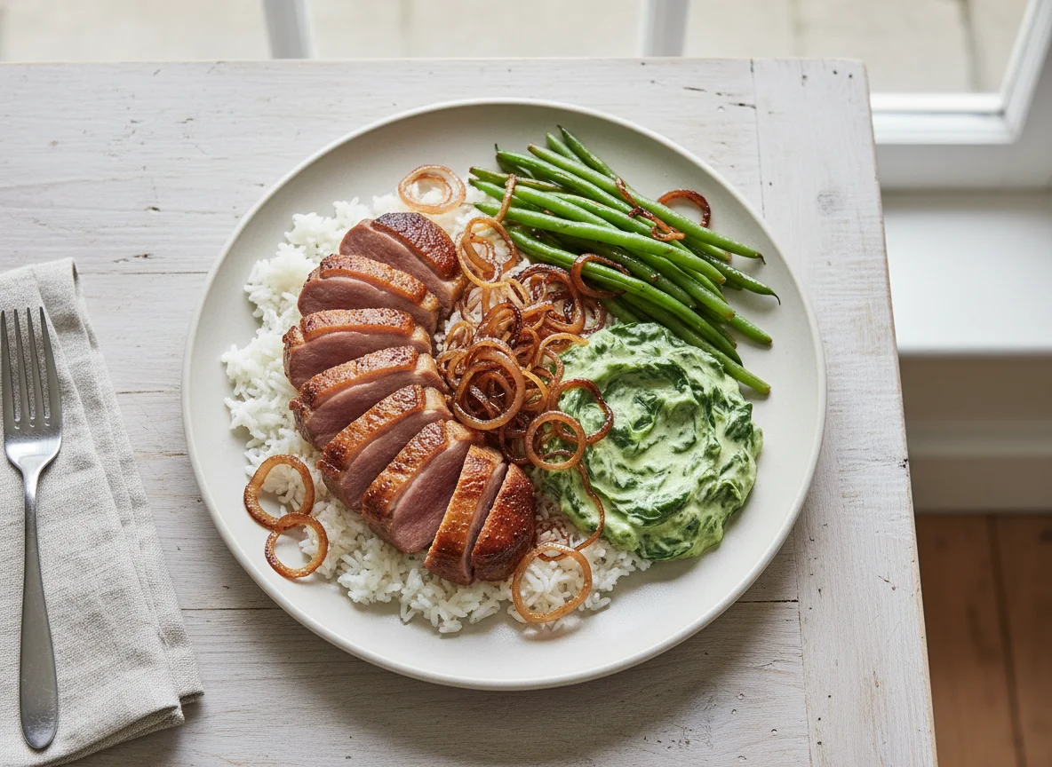 Duck breast with rice, creamed spinach, green beans and caramelised onions photo