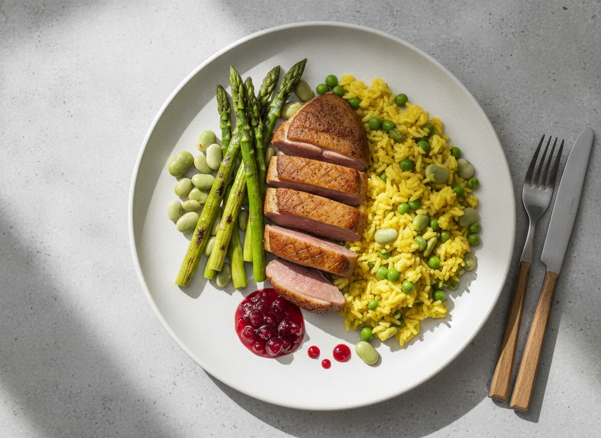 Duck breast with saffron rice, peas, broad beans and asparagus photo