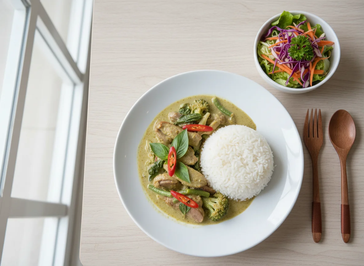Duck Green Curry with Rice and Side Salad photo