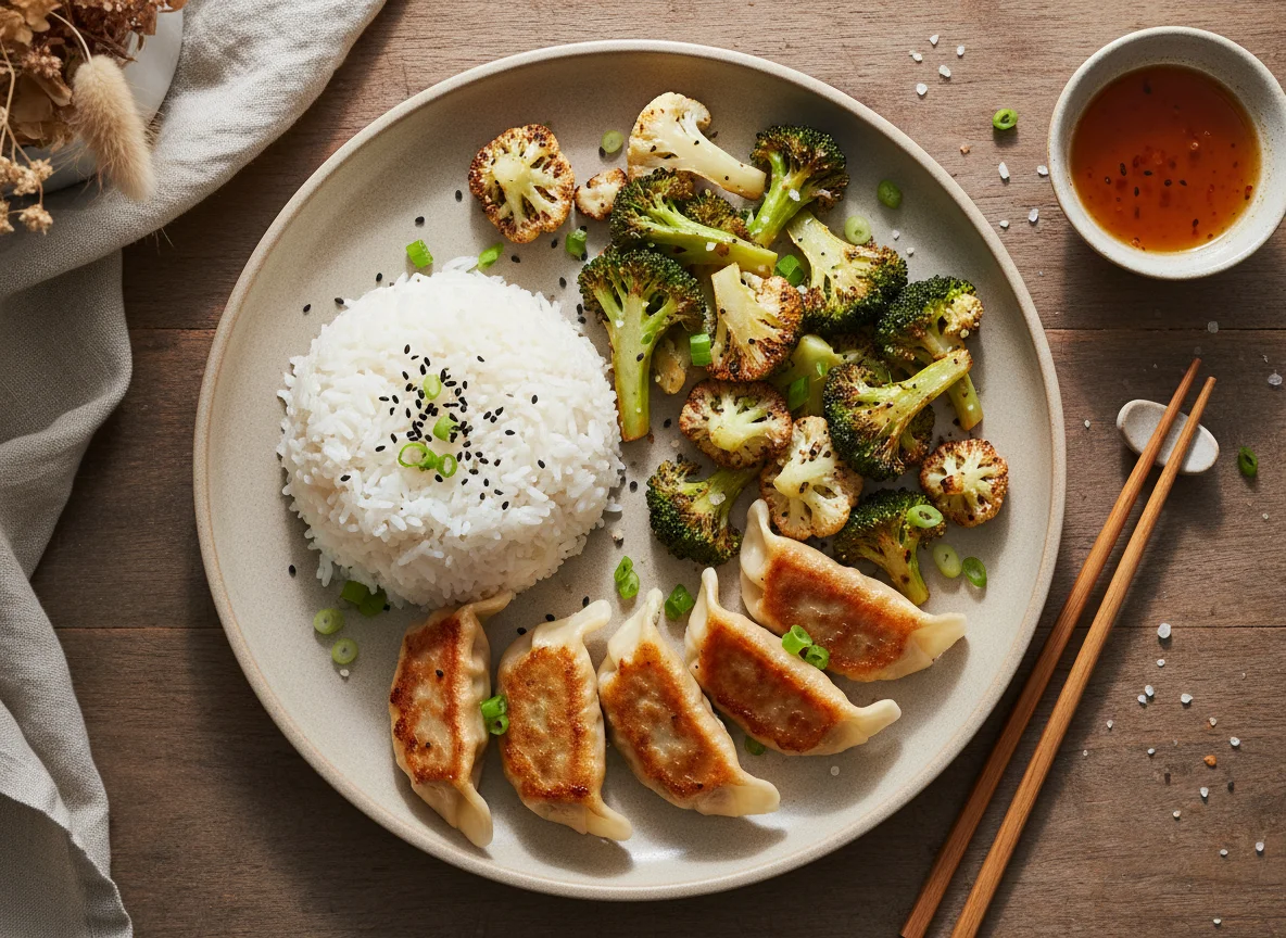 Dumplings with Rice and Roasted Vegetables photo