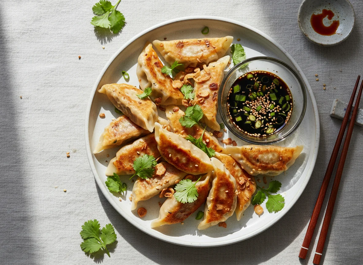 Dumplings with sauce and cilantro photo