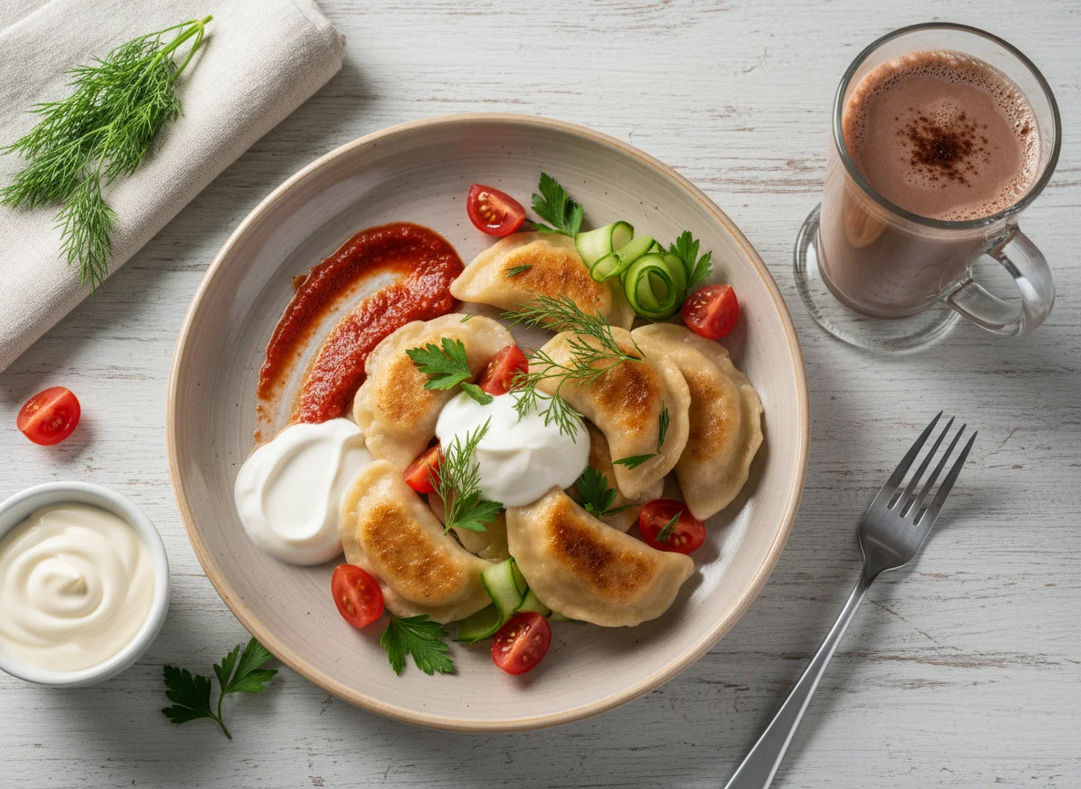 Dumplings with sauce, fresh salad, and a drink photo