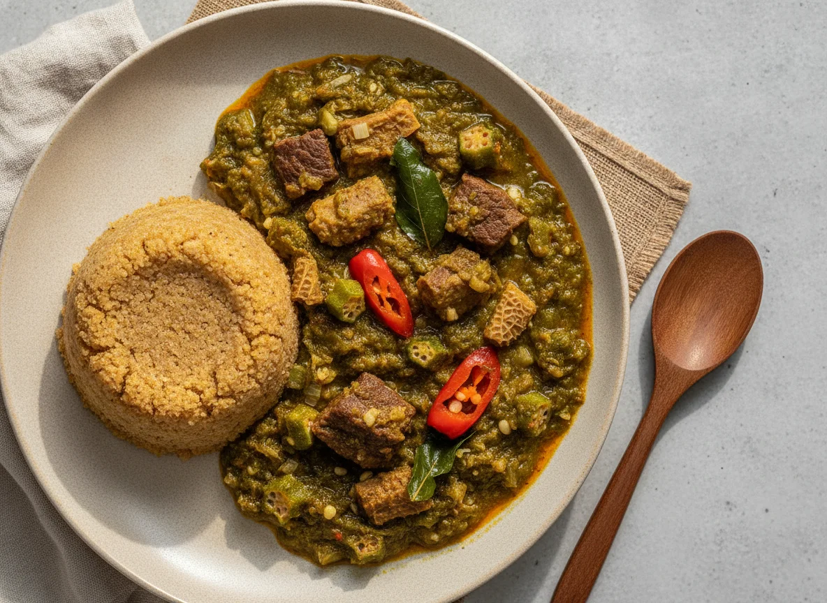 Eba and Okra Soup with Beef photo