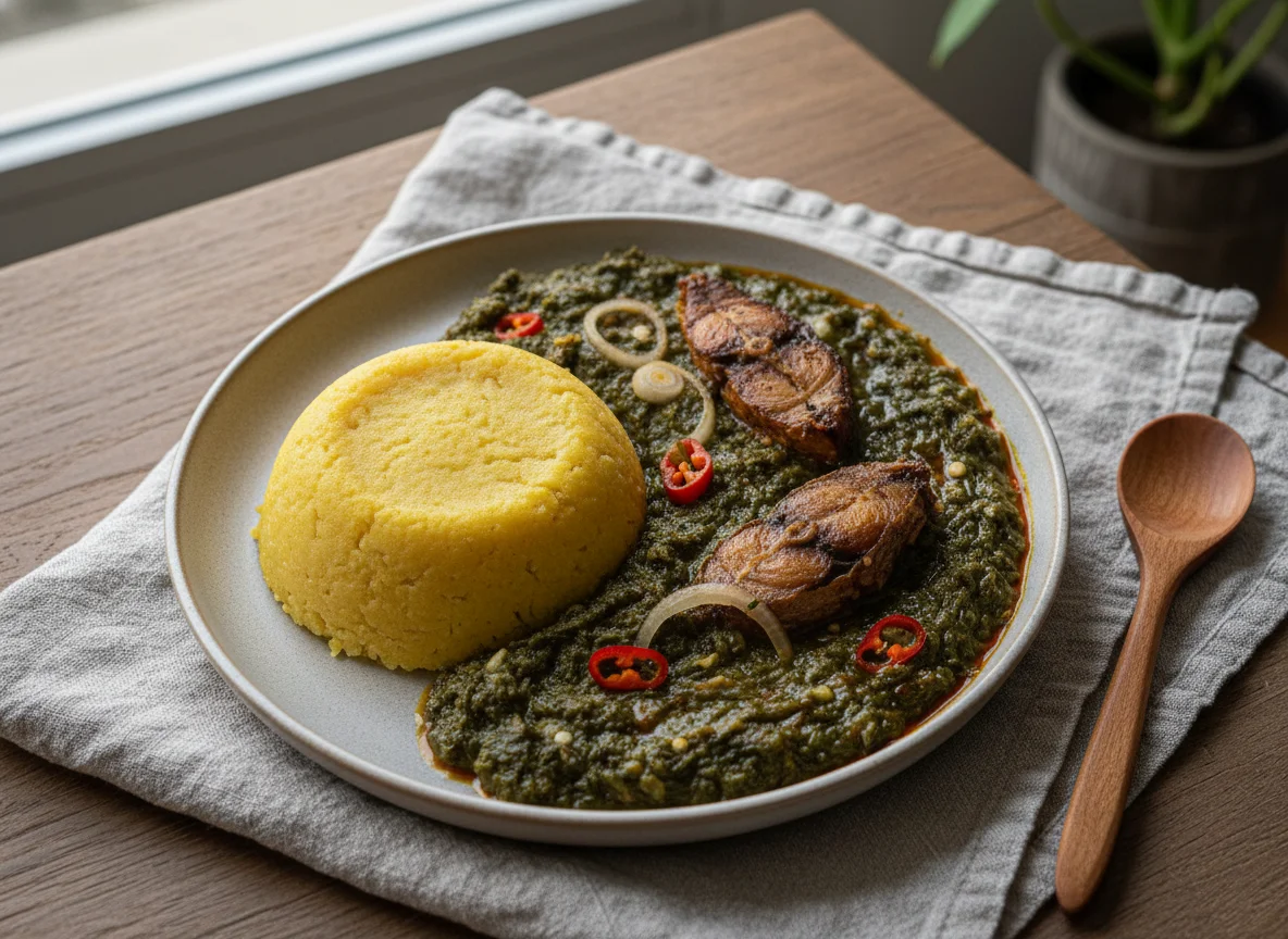 Eba with Okra Soup and Fish photo