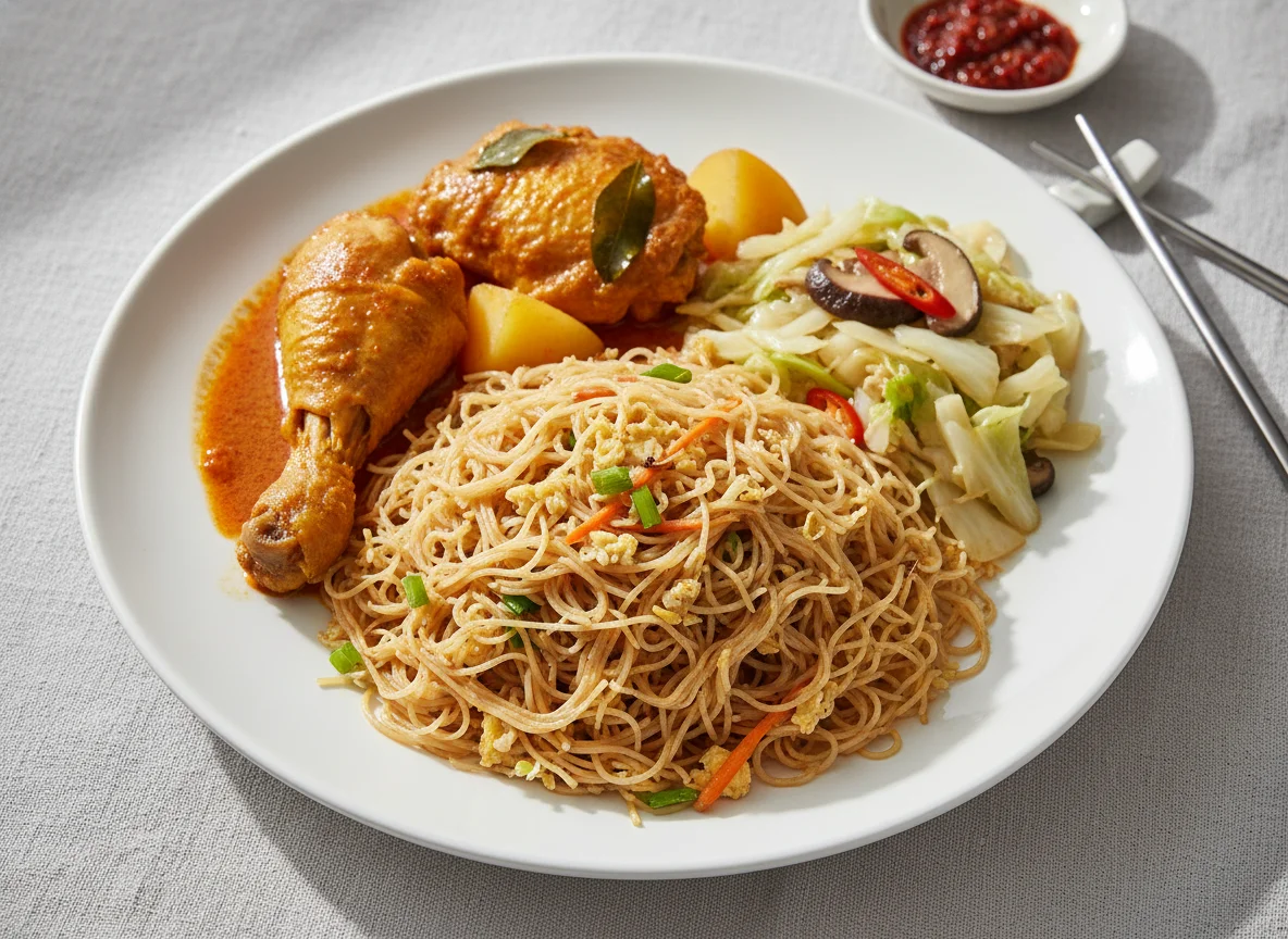 Economy Rice with Bee Hoon, Curry Chicken and Stir-fried Cabbage photo