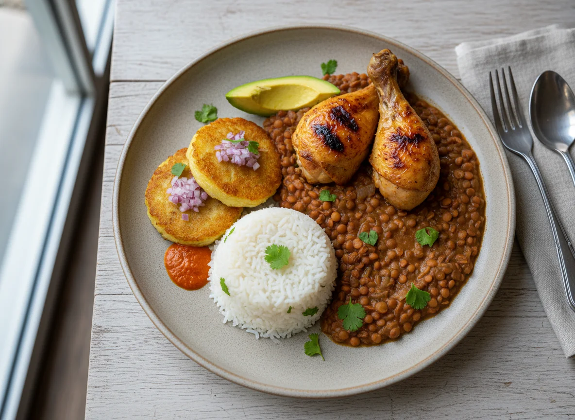 Ecuadorian style chicken and lentil plate photo
