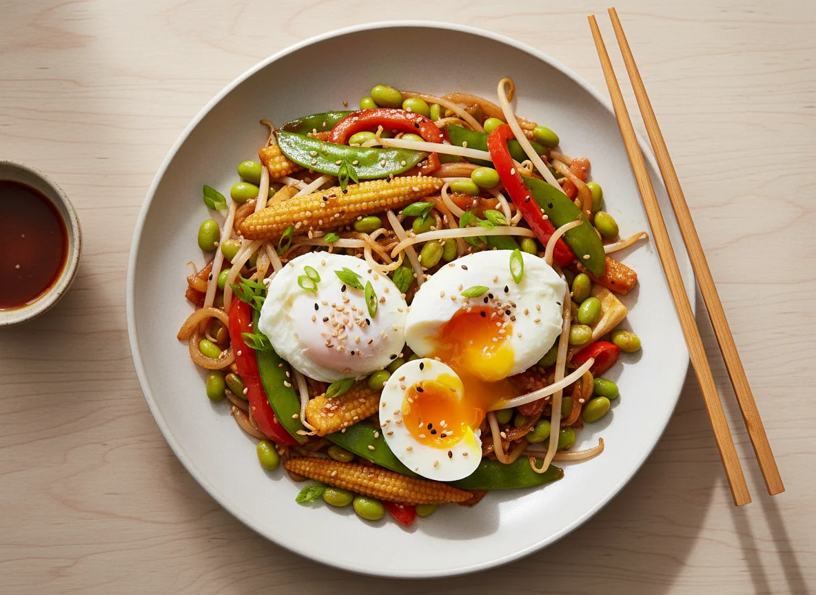 Edamame and Vegetable Stir-fry with Poached Eggs photo