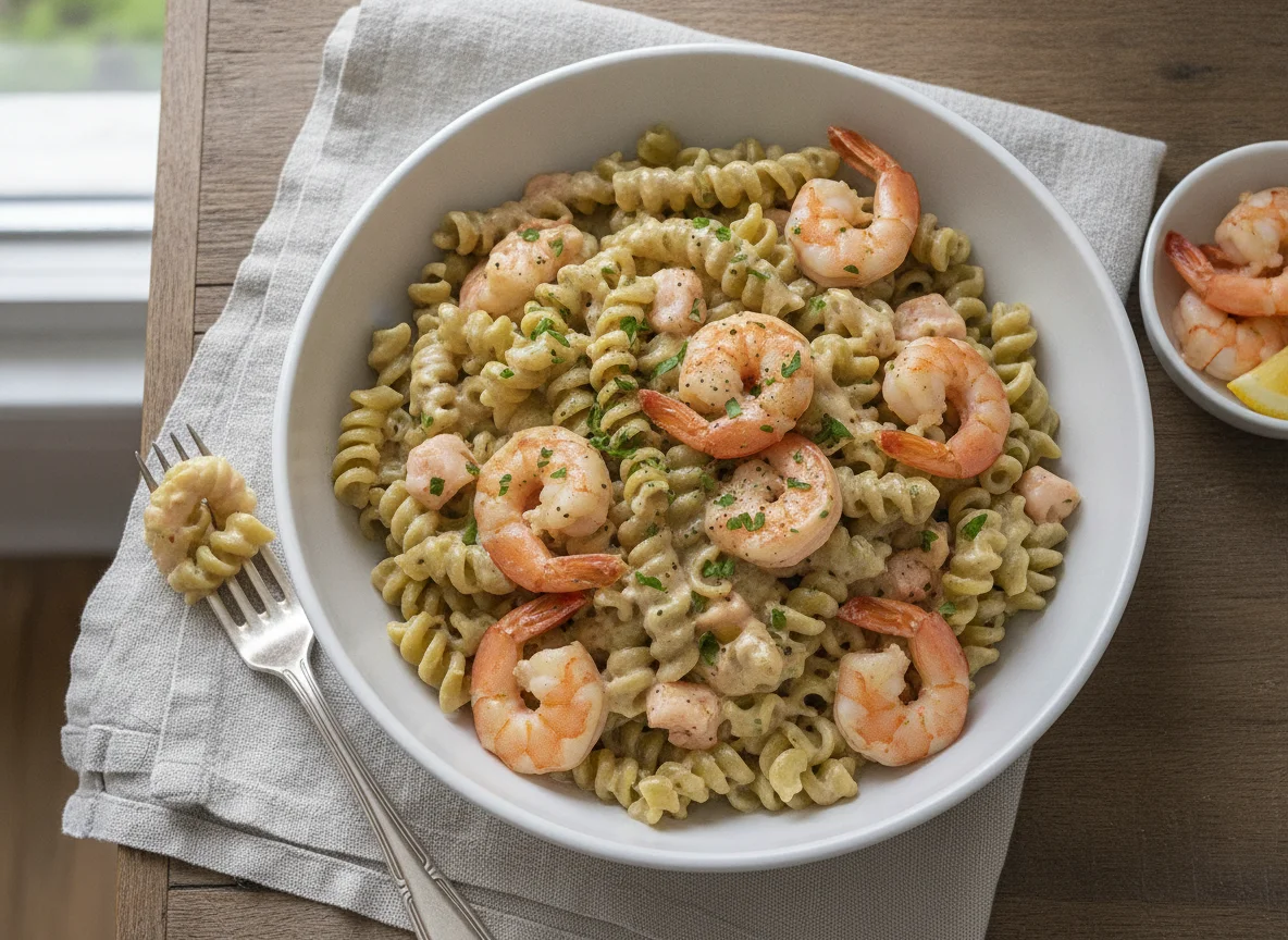 Edamame Pasta with Creamy Sauce and Shrimp photo