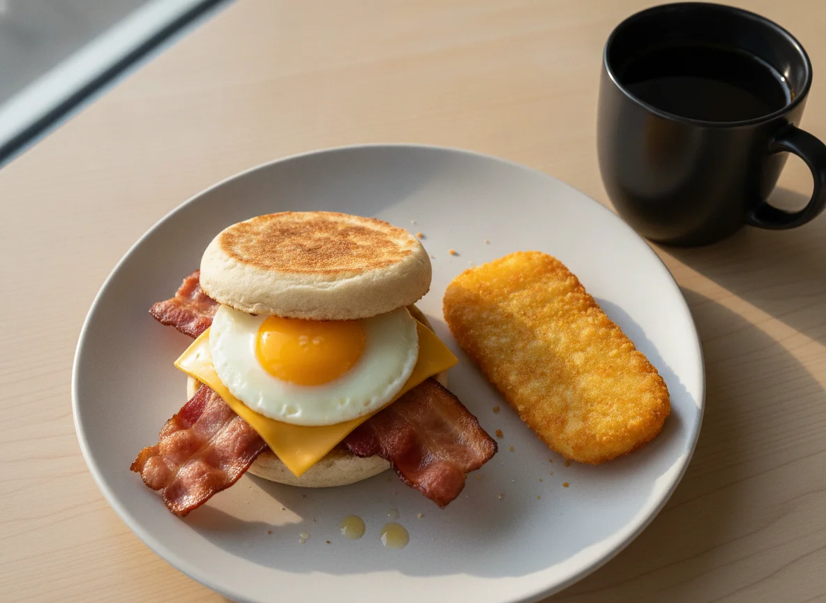 Egg and Bacon McMuffin Meal with Hash Brown and Coffee photo