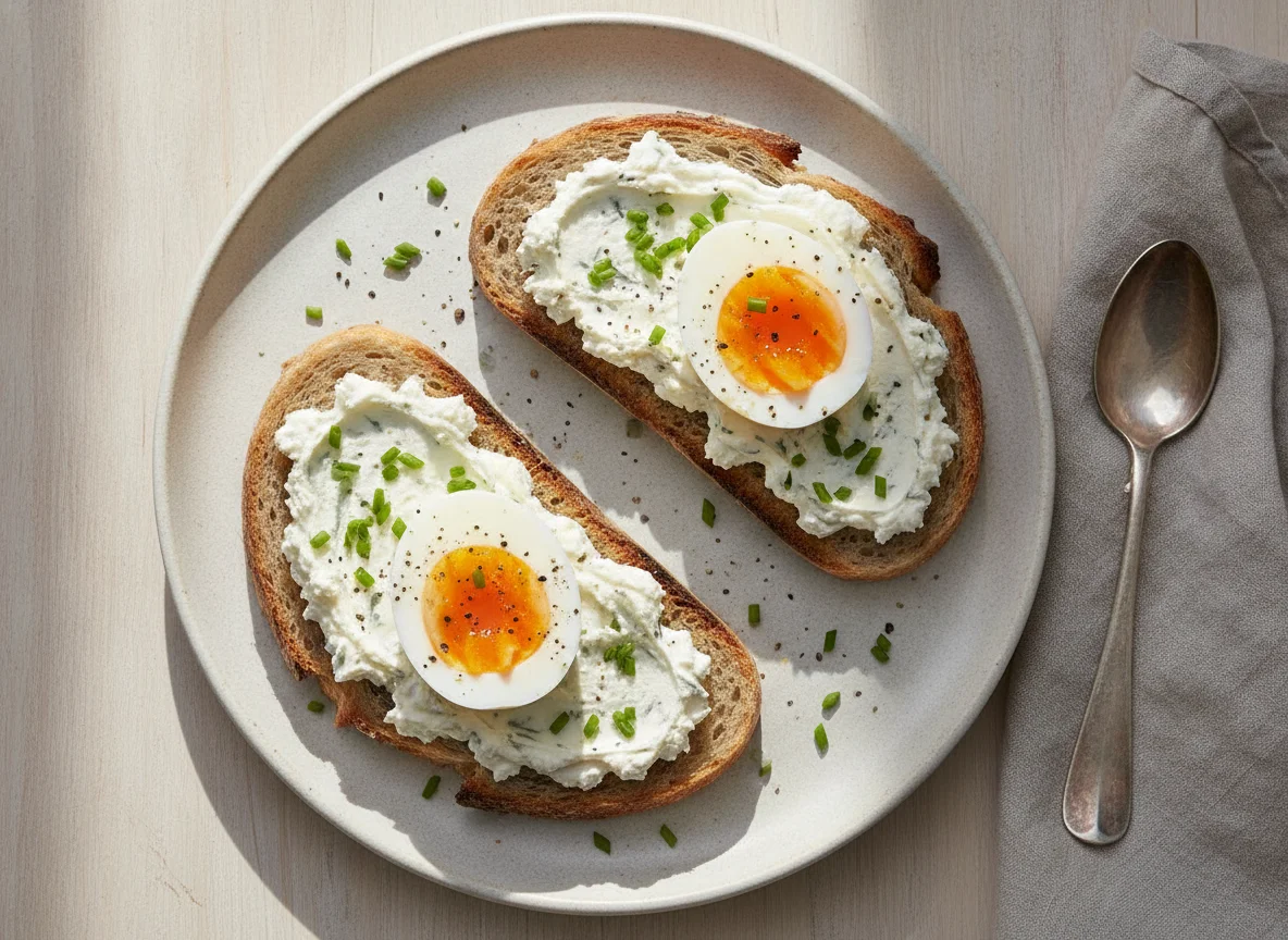 Egg and Creamy Topping on Bread photo