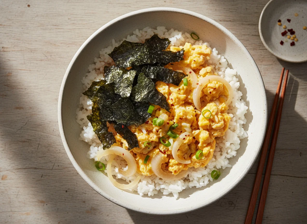Egg and Onion Rice Bowl with Nori photo