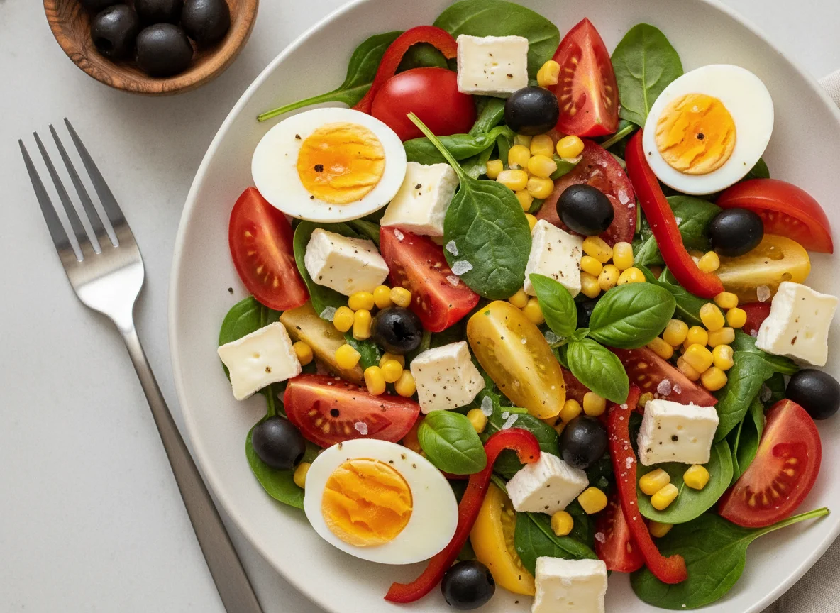 Egg and Tomato Salad with Cheese and Olives photo