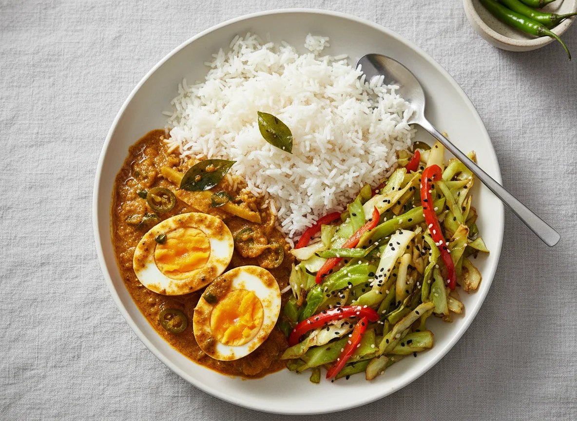 Egg Curry with Rice and Cabbage Stir-fry photo