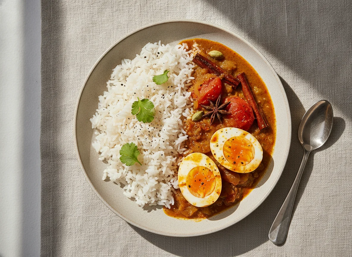 Egg Curry with Steamed Rice photo