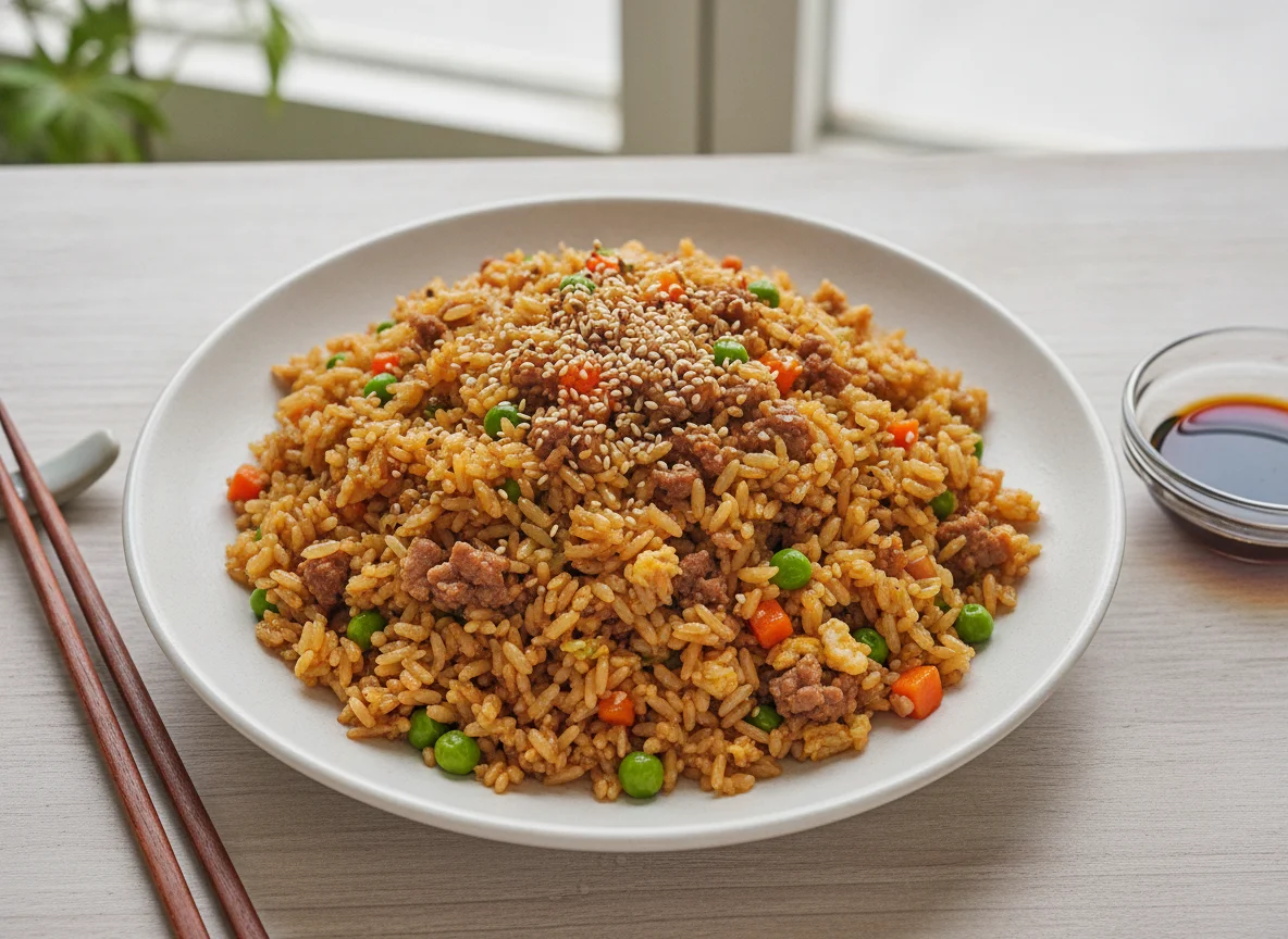 Egg fried rice with minced meat and vegetables photo