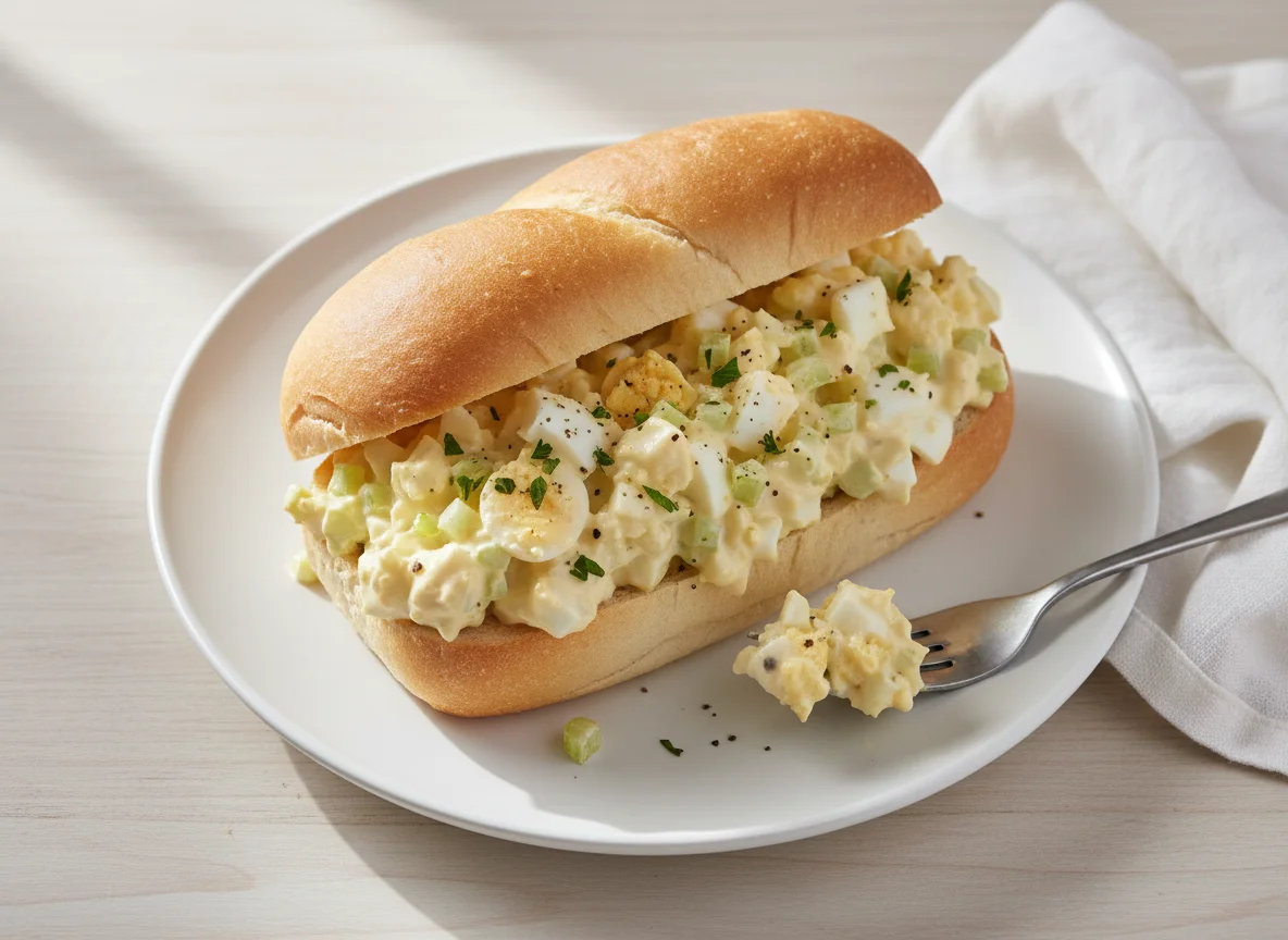 Egg mayo on a white roll photo