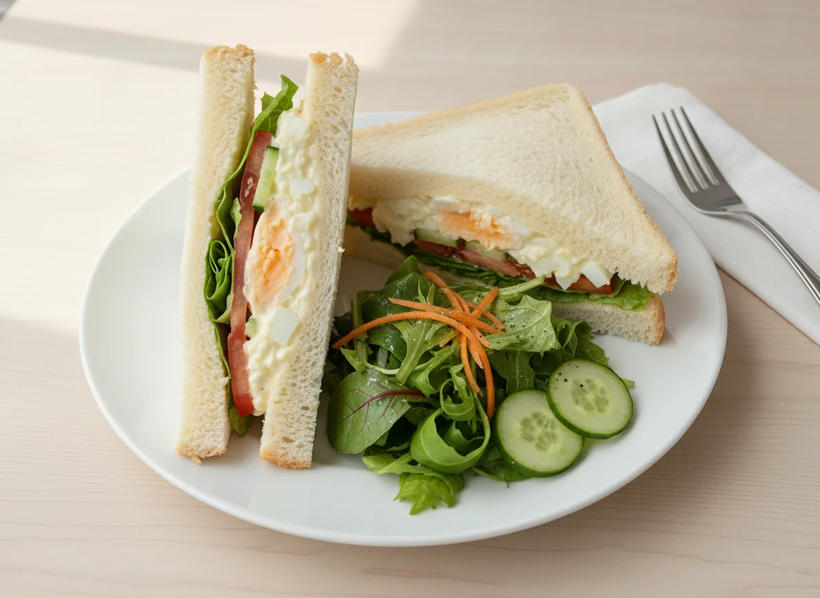 Egg mayonnaise sandwich with side salad photo
