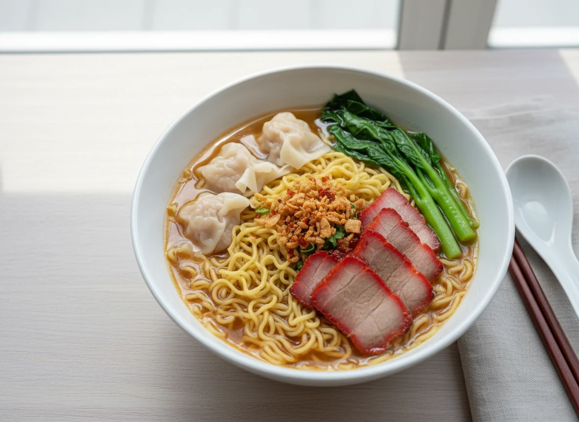 Egg Noodle Soup with Red BBQ Pork and Wontons photo