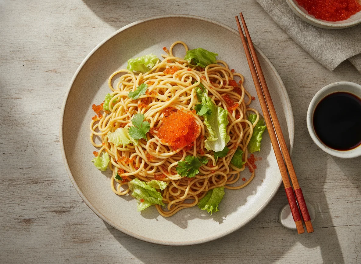 Egg Noodles with Tobiko and Lettuce photo