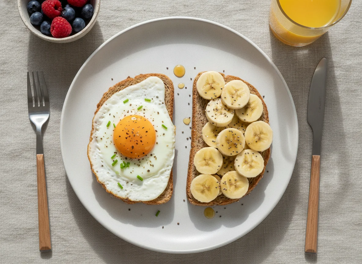 Egg on toast with banana slices photo