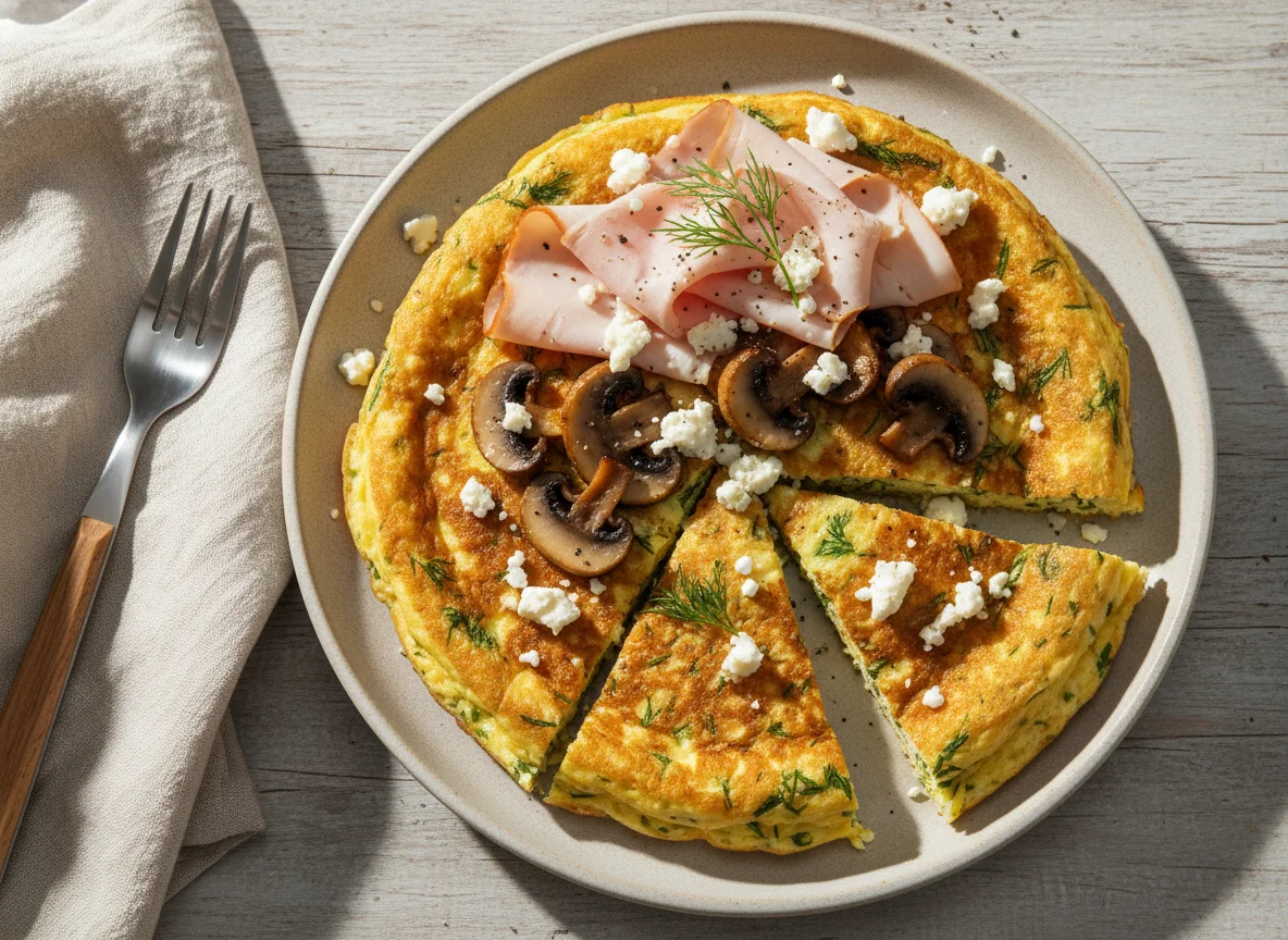 Egg Pancake with Turkey Ham, Mushrooms, and Salty Cheese photo