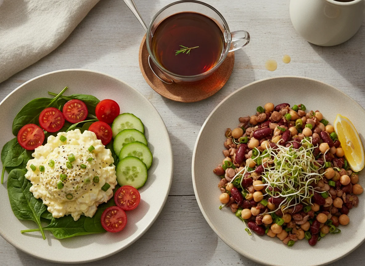 Egg Salad and Mixed Bean Salad with Tea photo