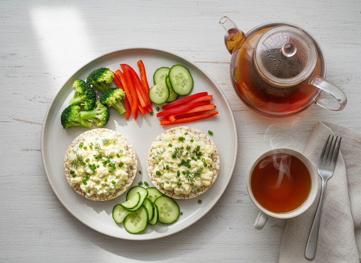 Egg Salad on Rice Cakes with Vegetables and Tea photo