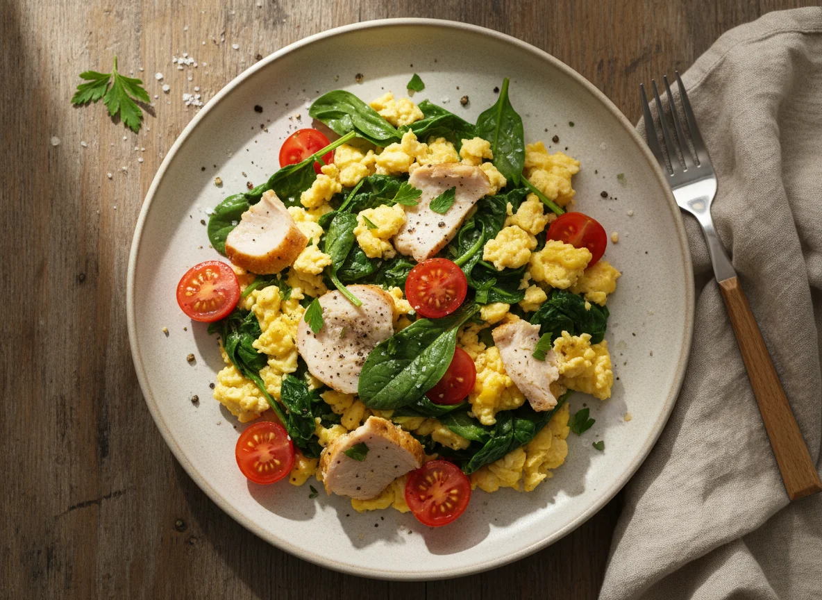 Egg Scramble with Spinach and Turkey photo
