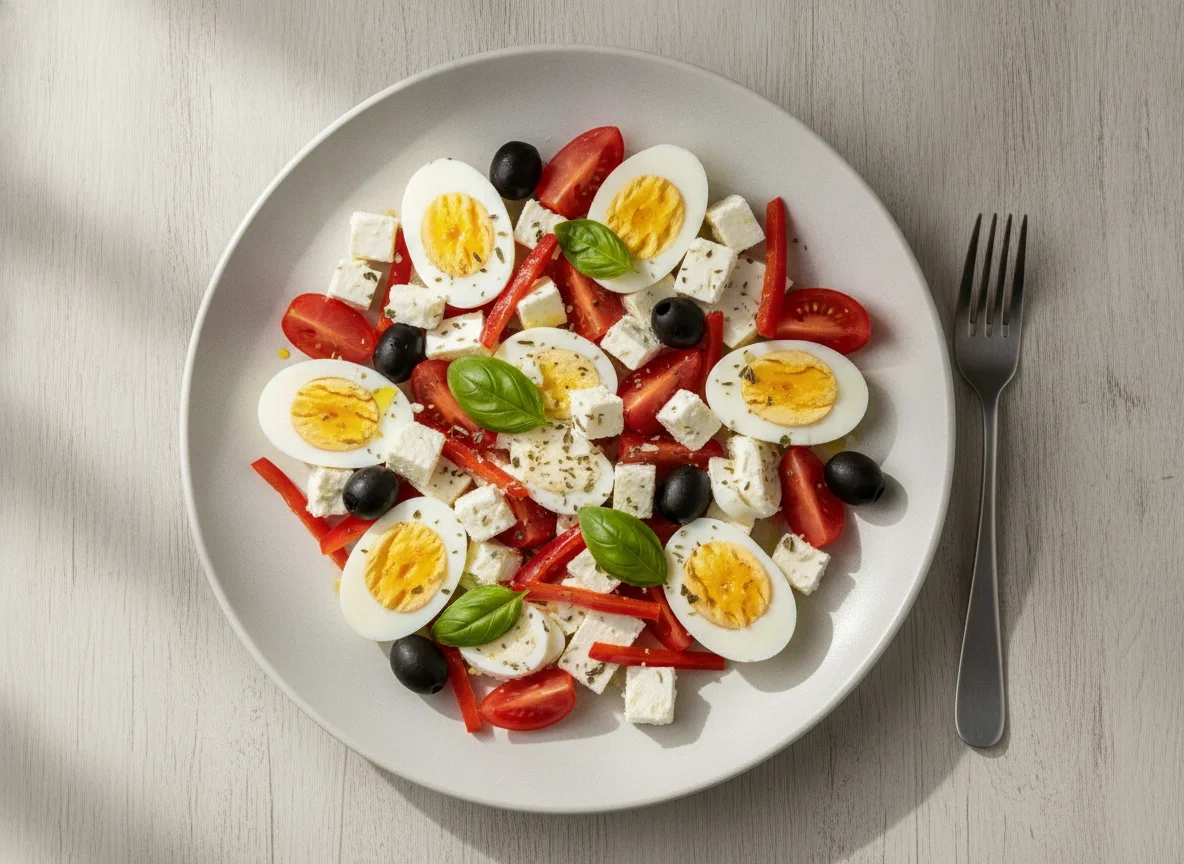 Egg white and tomato salad with feta and olives photo