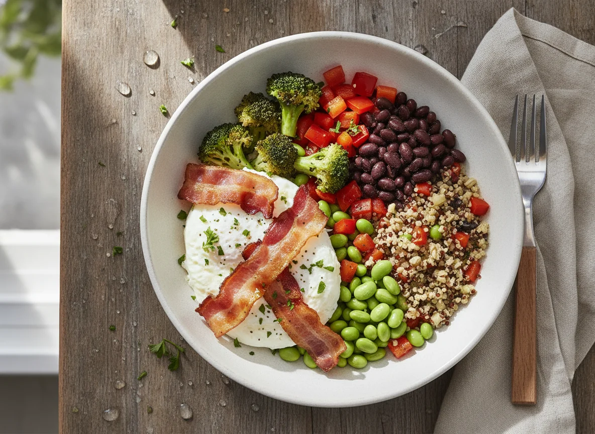 Egg white and vegetable breakfast bowl with bacon photo