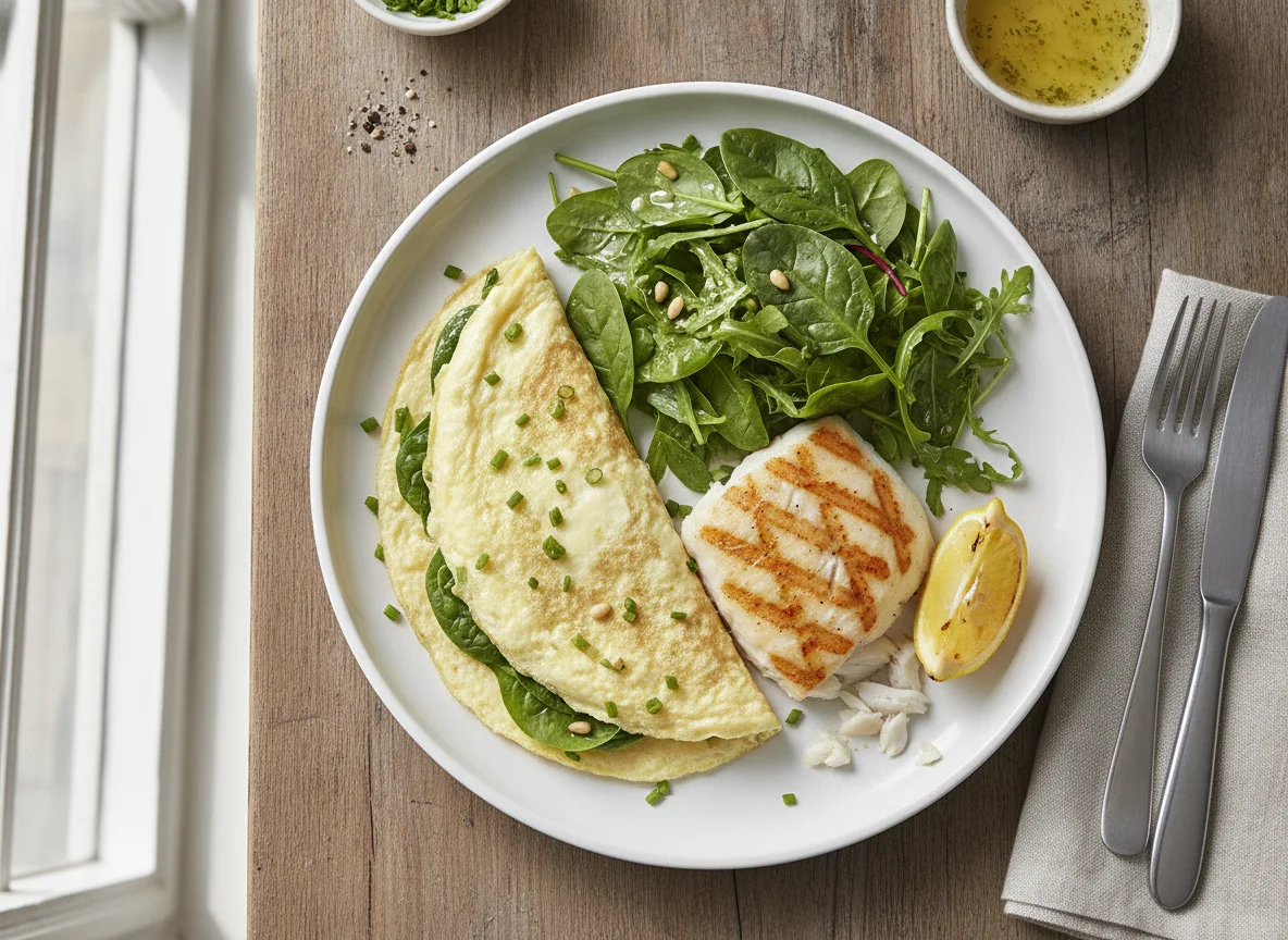 Egg white omelet with spinach salad and grilled fish photo