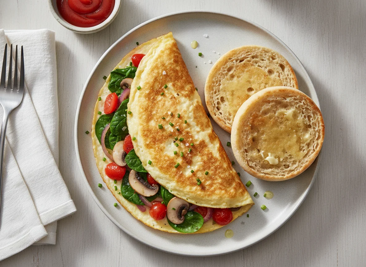 Egg White Omelette with Sautéed Vegetables and English Muffin photo