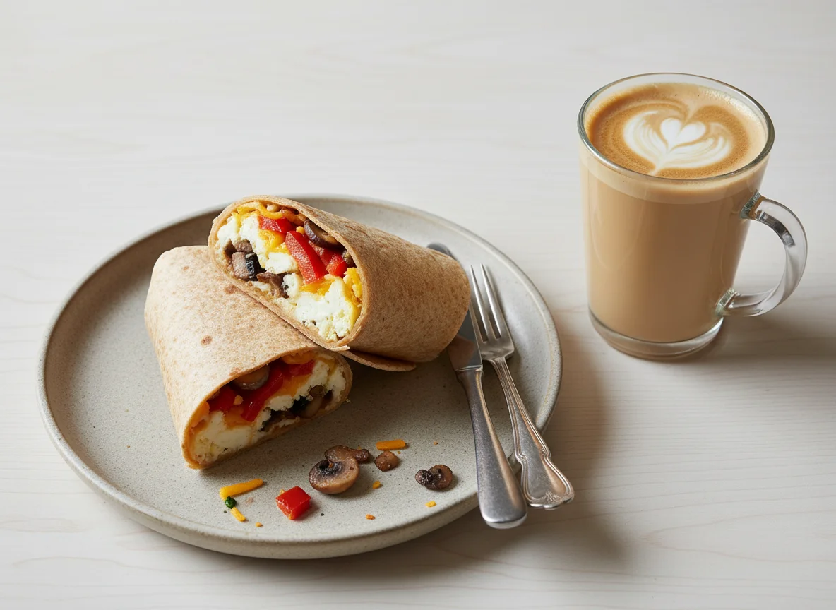 Egg White, Roasted Pepper, Mushroom & Cheddar Wrap with Caffè Latte photo