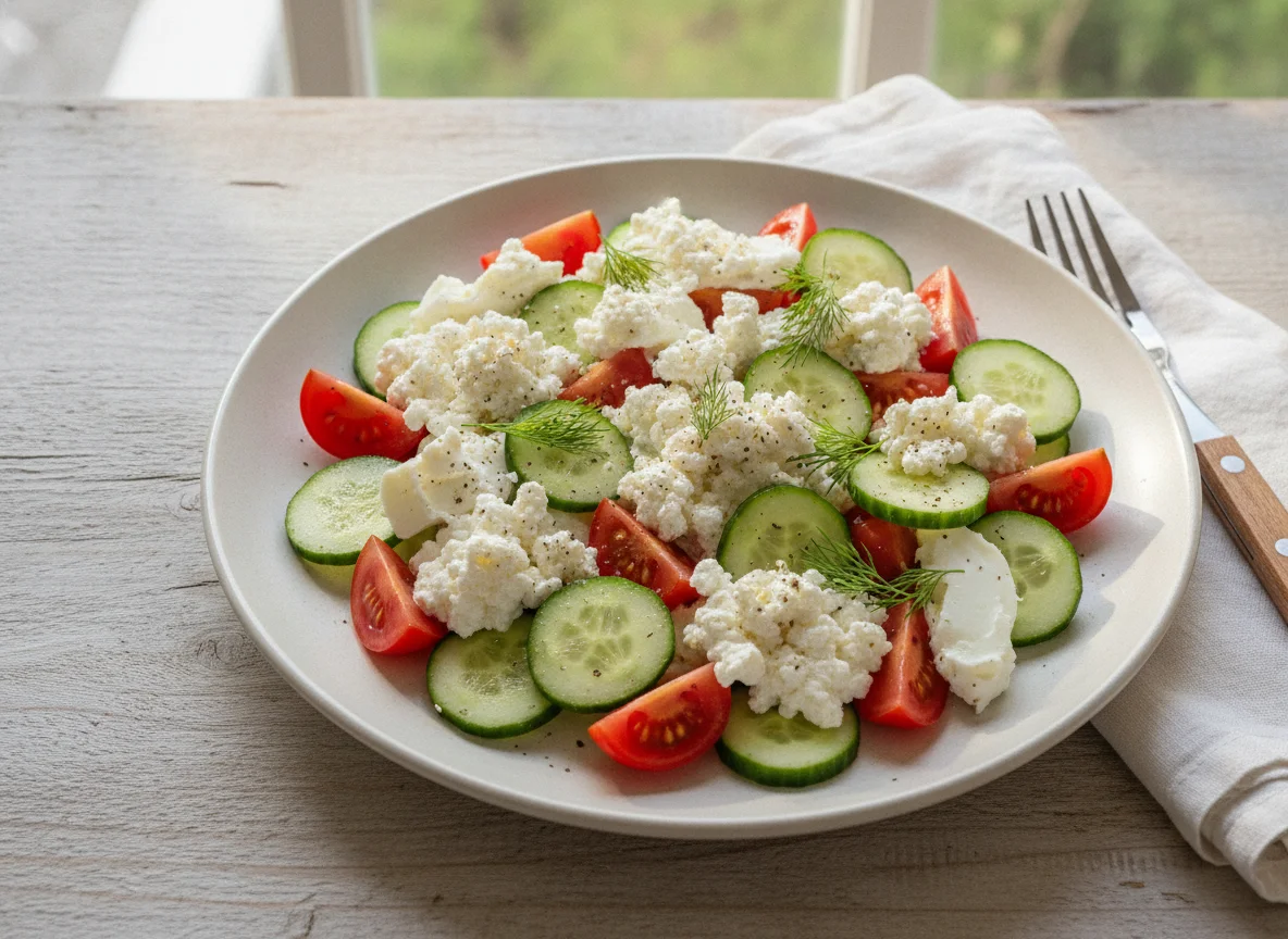 Egg white salad with tomatoes, cucumber and cottage cheese photo