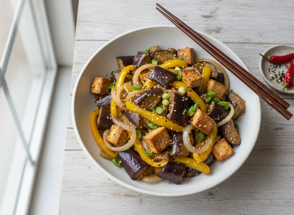 Eggplant and Bell Pepper Stir-fry with Tofu photo