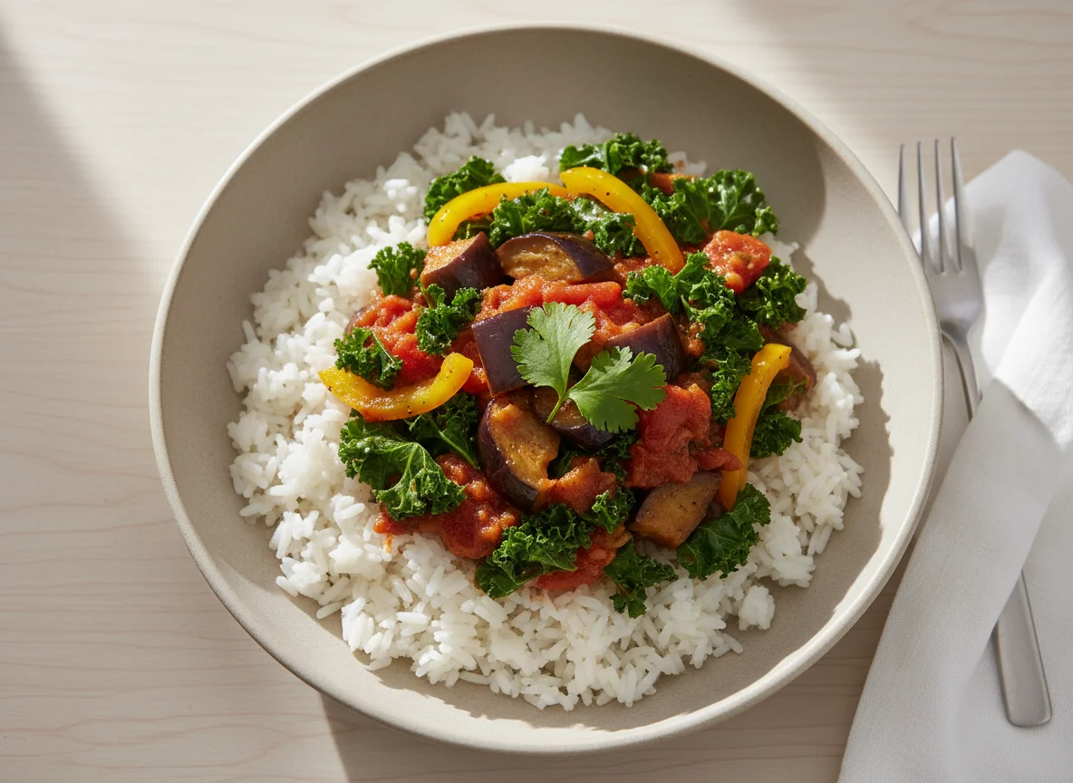 Eggplant and Kale Stir-fry with Rice photo