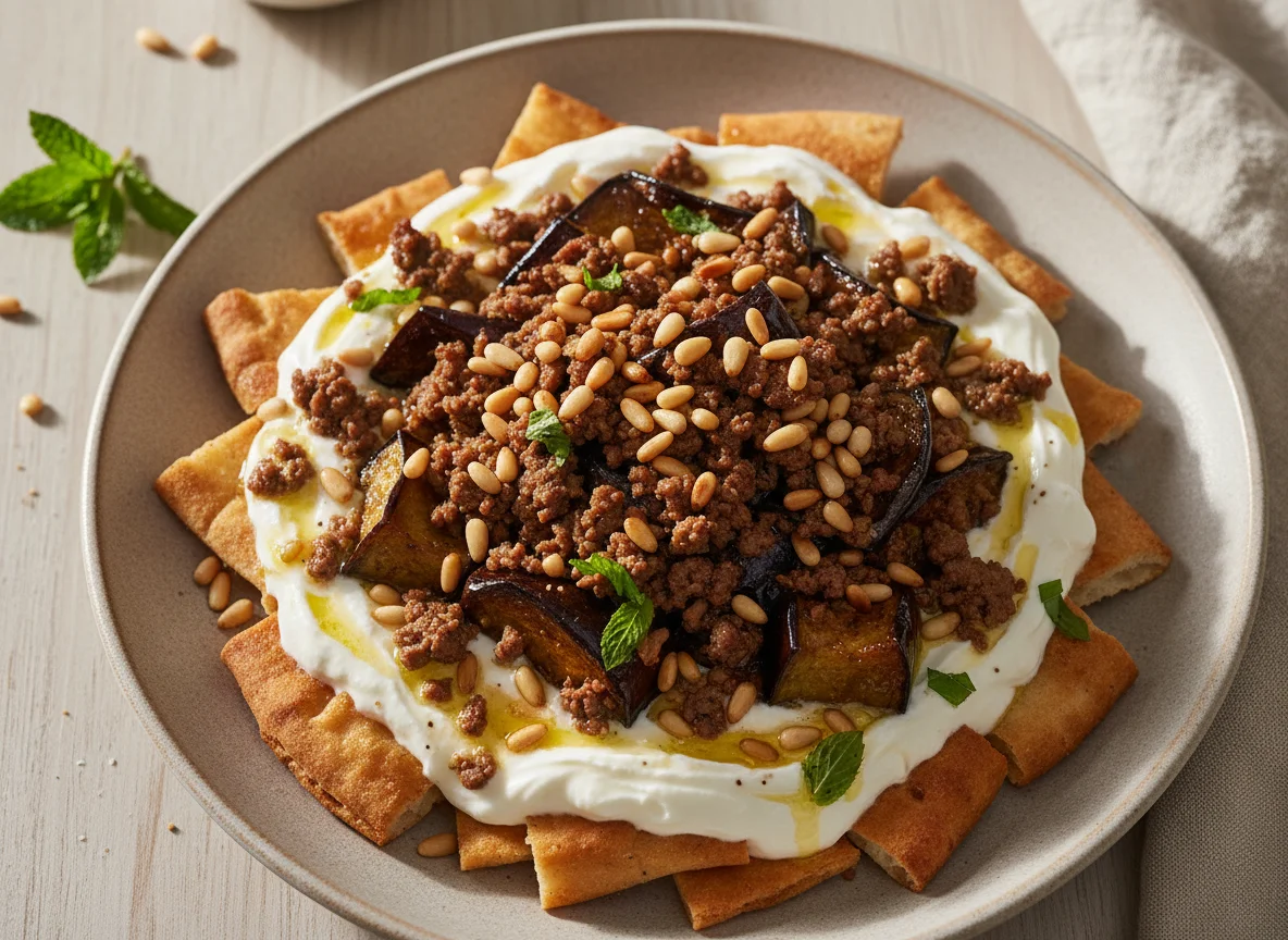 Eggplant Fatteh with Meat and Pine Nuts photo