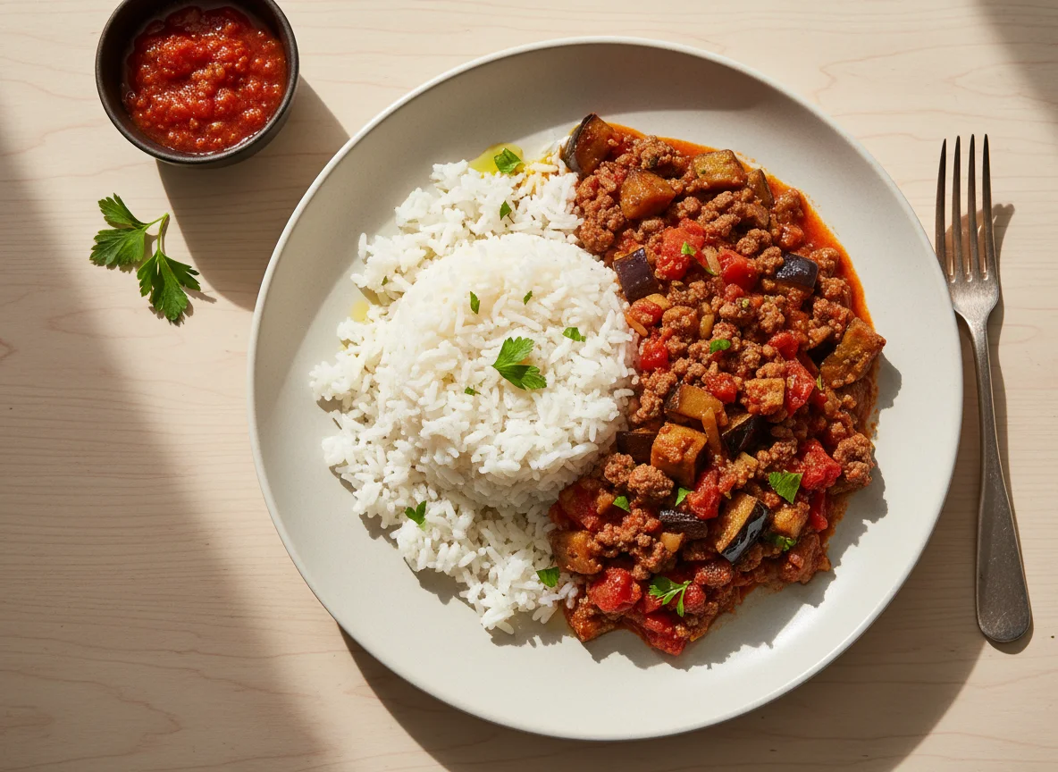Eggplant, Minced Meat, and Rice Dish photo