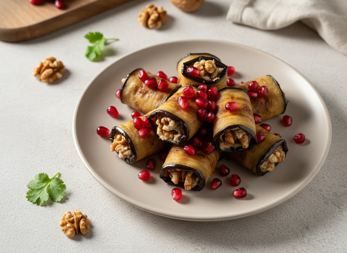 Eggplant roll with walnut paste and pomegranate photo