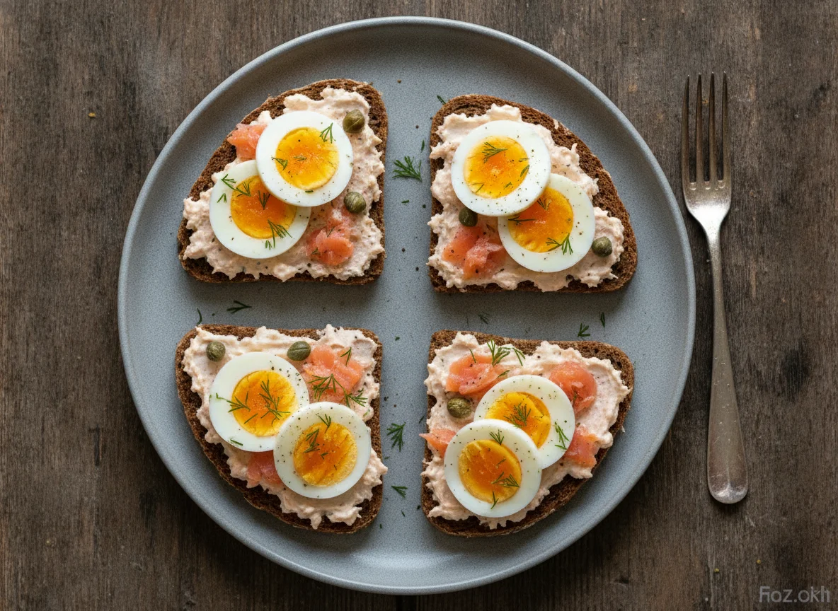 Eggs and fish spread on dark bread photo