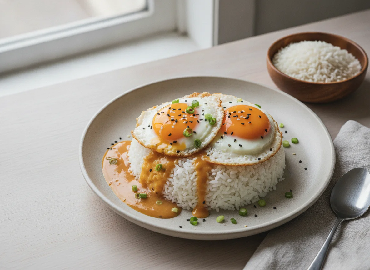 Eggs and rice with sauce photo