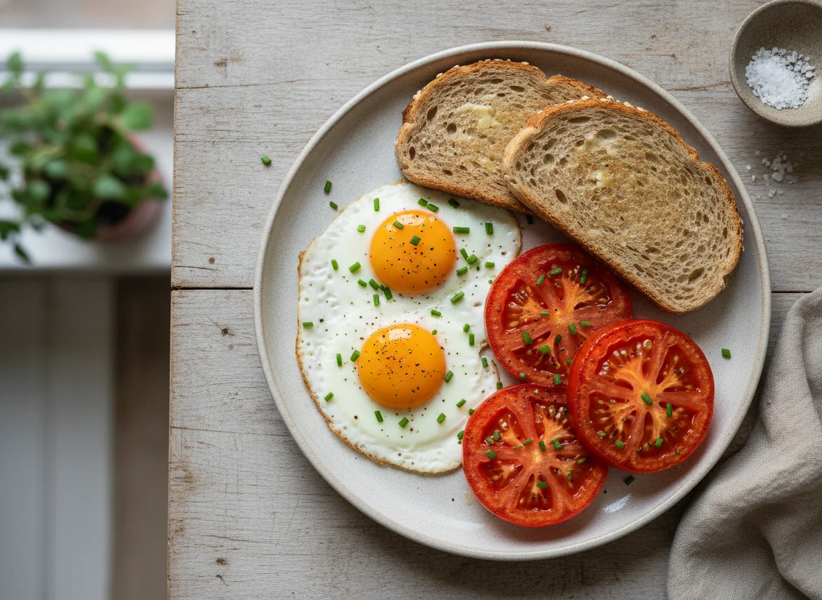 Eggs and tomato on toast photo