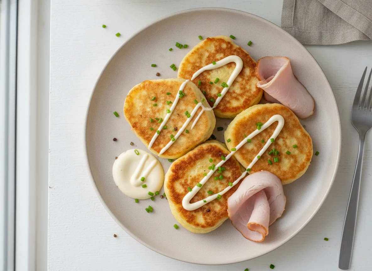 Eggs and Tvorog Pancake with Chicken Ham and Low-Fat Mayonnaise photo