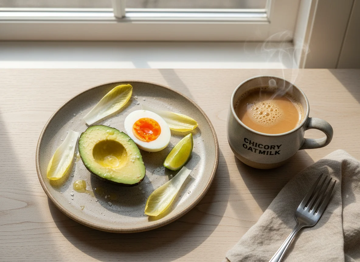 Eggs, Avocado, and Chicory Oatmilk photo