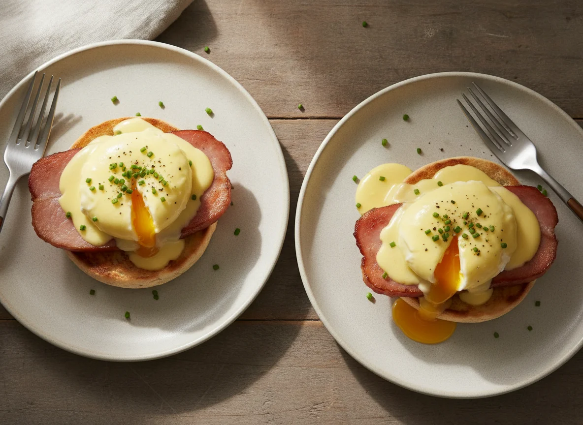 Eggs Benedict style ham and eggs on muffins photo