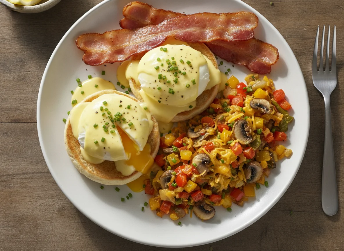 Eggs Benedict with Bacon and Cheesy Vegetable Hash photo