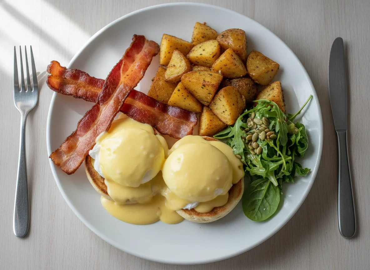 Eggs Benedict with Bacon and Roasted Potatoes photo