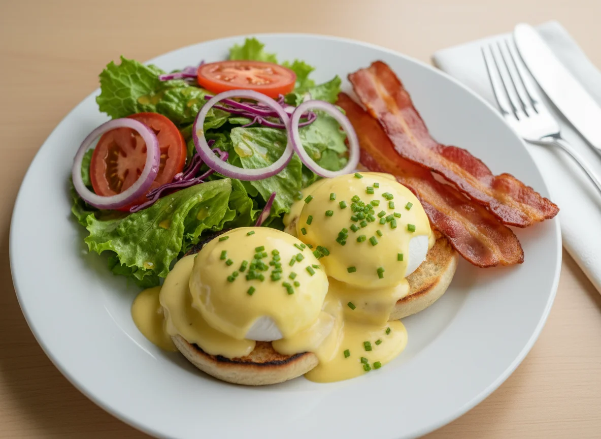 Eggs Benedict with Bacon and Side Salad photo