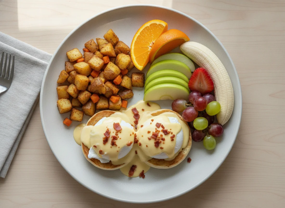 Eggs Benedict with Fruit and Hash Browns photo