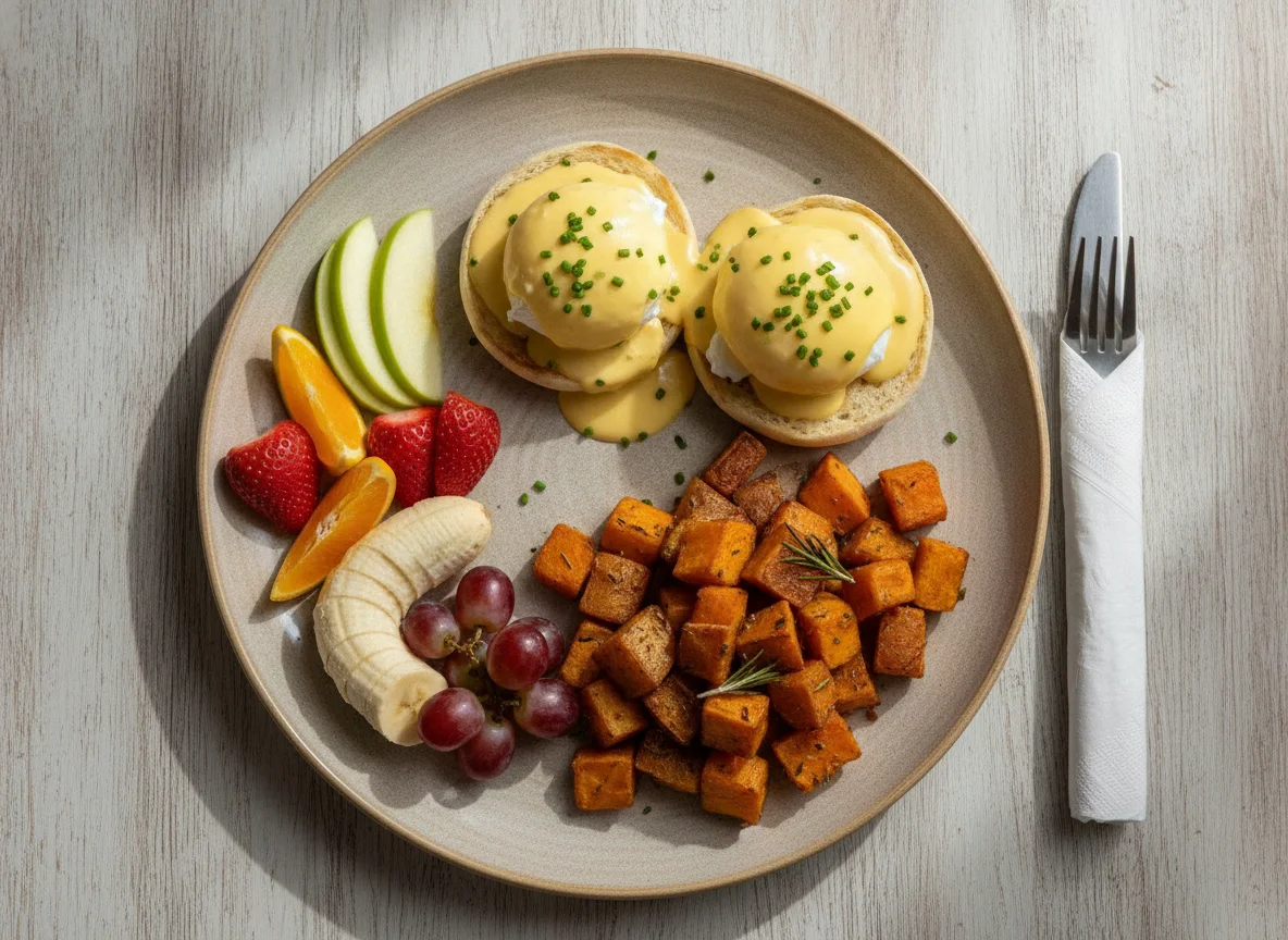Eggs Benedict with Fruit and Home Fries photo